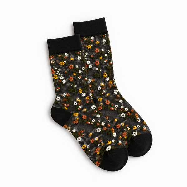 Calcetines Medias Transparentes Súper Elástica Negro Con Flores