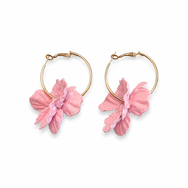 Gold Hoop Earrings with Pink Petal Flower