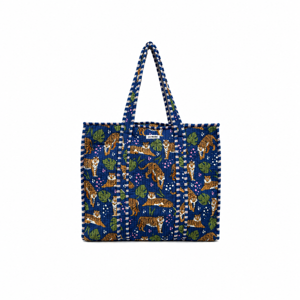 Bolsa Shopper Viaje o Deporte o Playa Cuadrada Tela India Azul Estampado Tigres