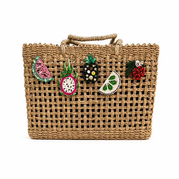 Bolso Capazo Cubo de Mano con Frutas de Predería L Natural Beige