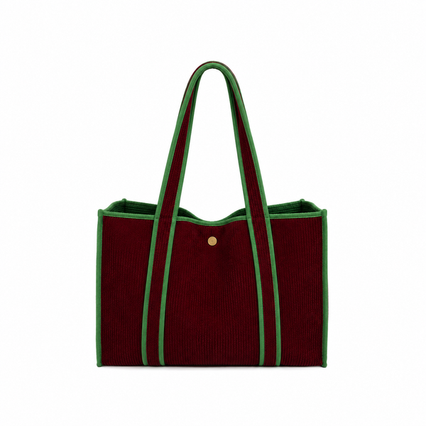 Bolsa Shopper Terciopelo Rojo Granate Detalles Verde Reversible