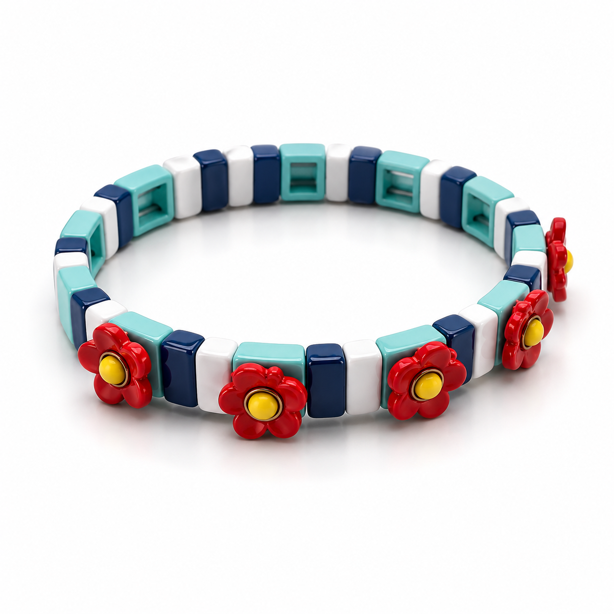 Pulsera Elástica Flores Azul y Blanco con Flores Rojas