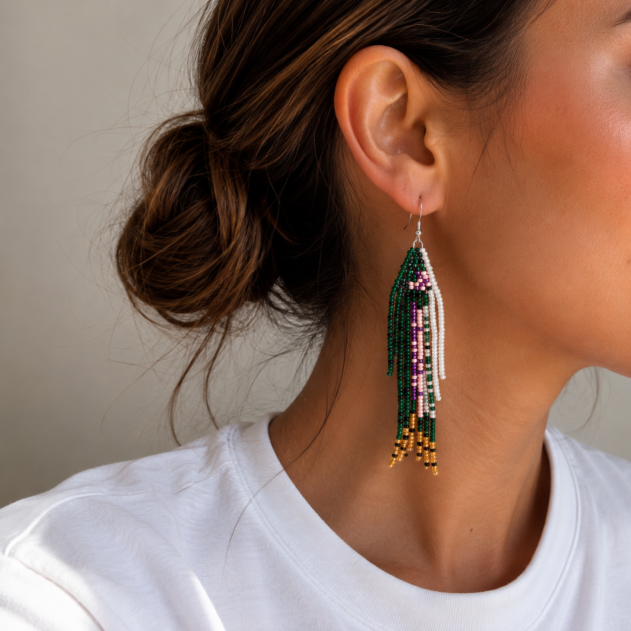 Earrings Green Purple Pink Brown Fish Beads