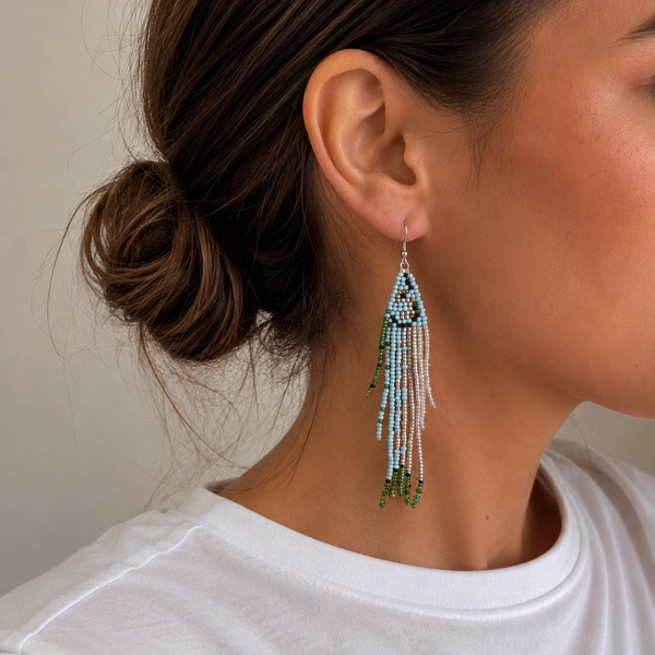 Pendientes Cuentas Pez Azul Verde Plateado