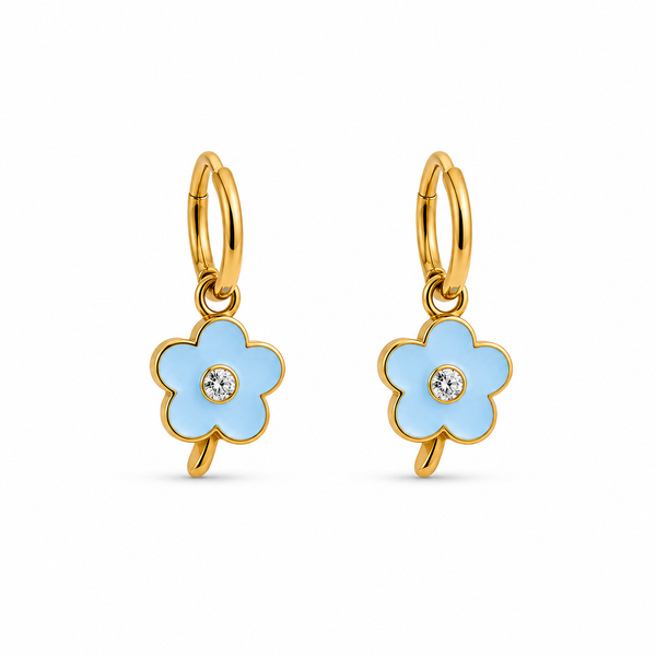 Mini Pendientes Flor Azul con Tallo y Brillante