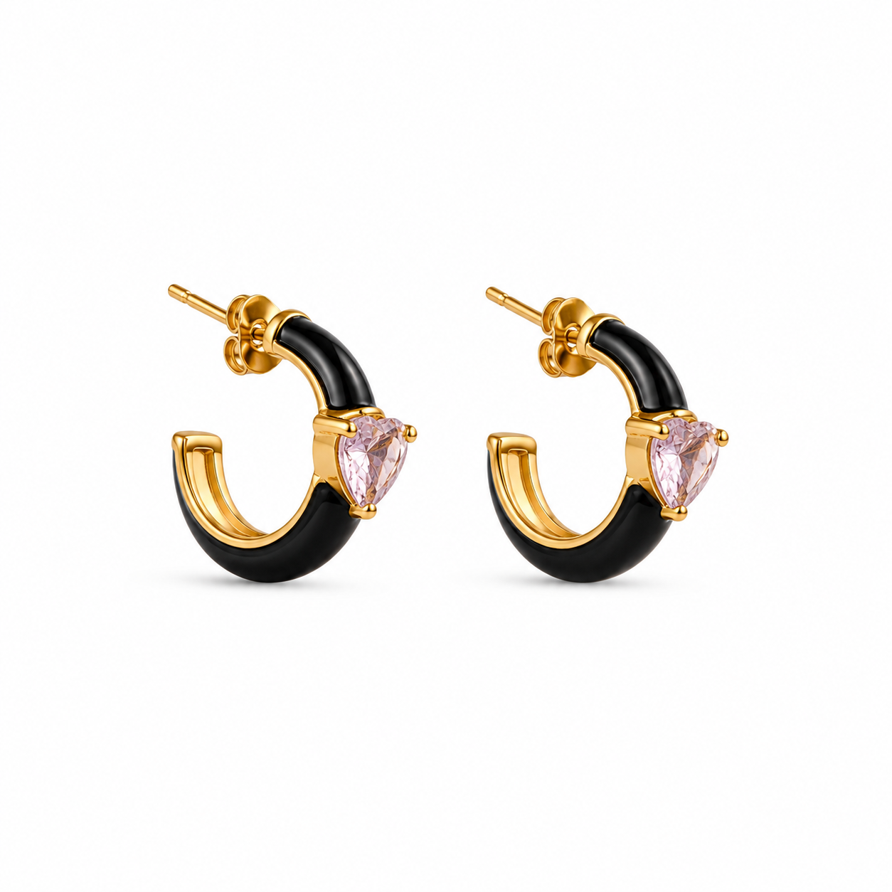 Black Enamel Hoop Earrings with Rhinestone Heart