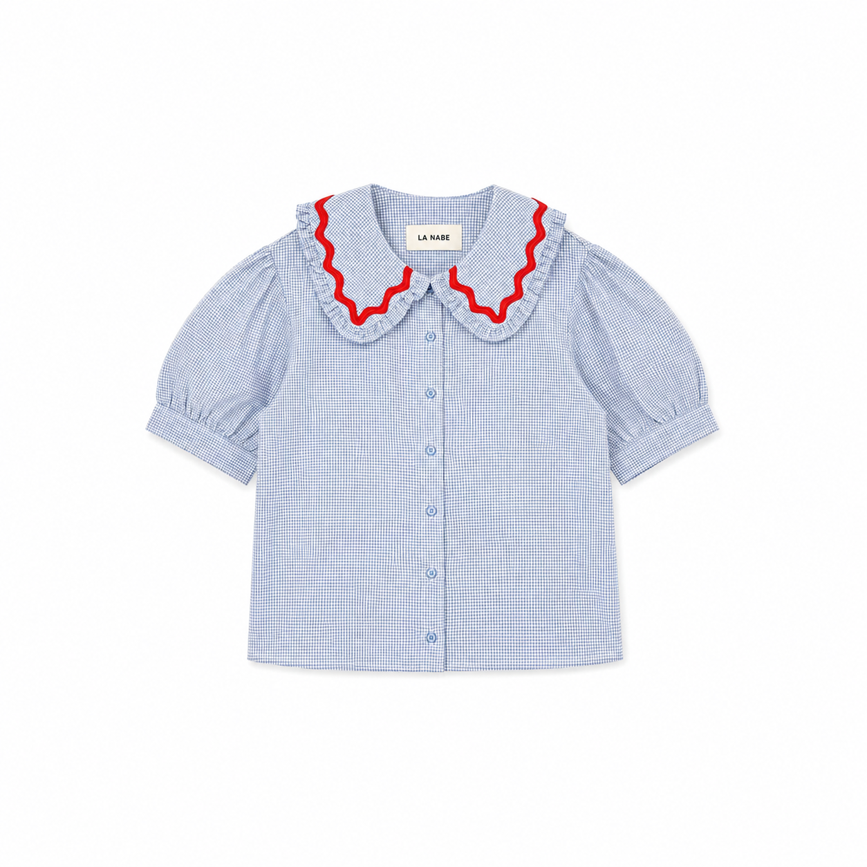 Camisa o Blusa Vichy Azul Claro y Blanco Cuello Bebè