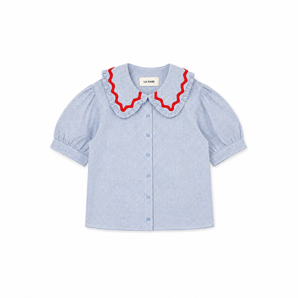 Camisa o Blusa Vichy Azul Claro y Blanco Cuello Bebè