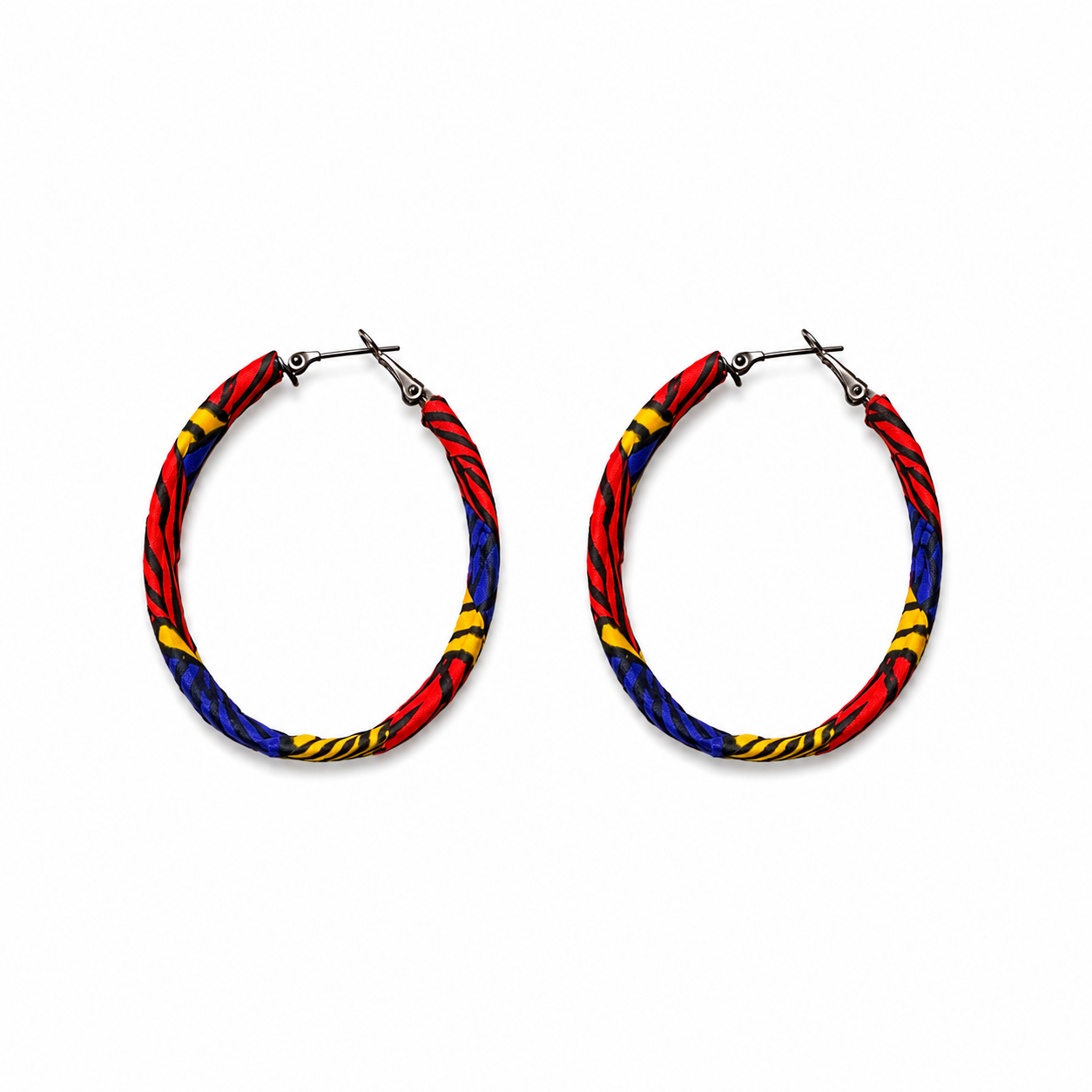 Blue, Maroon, and Mustard Oval African Wax Fabric Earrings