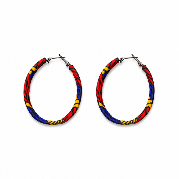 Pendientes Tela Wax Africana Ovalado Azul Granate y Mostaza