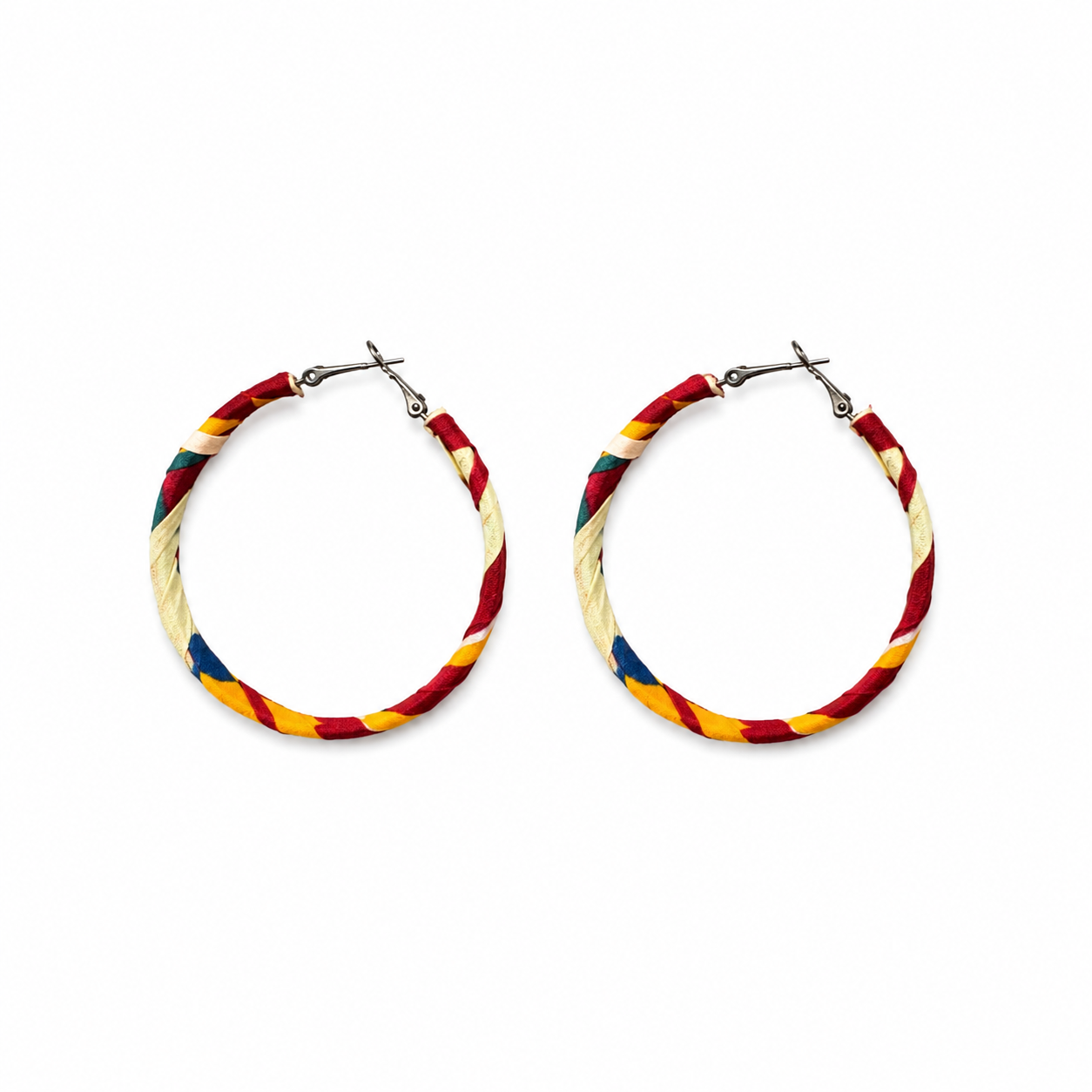 African Wax Fabric Round Earrings Yellow Red and Green