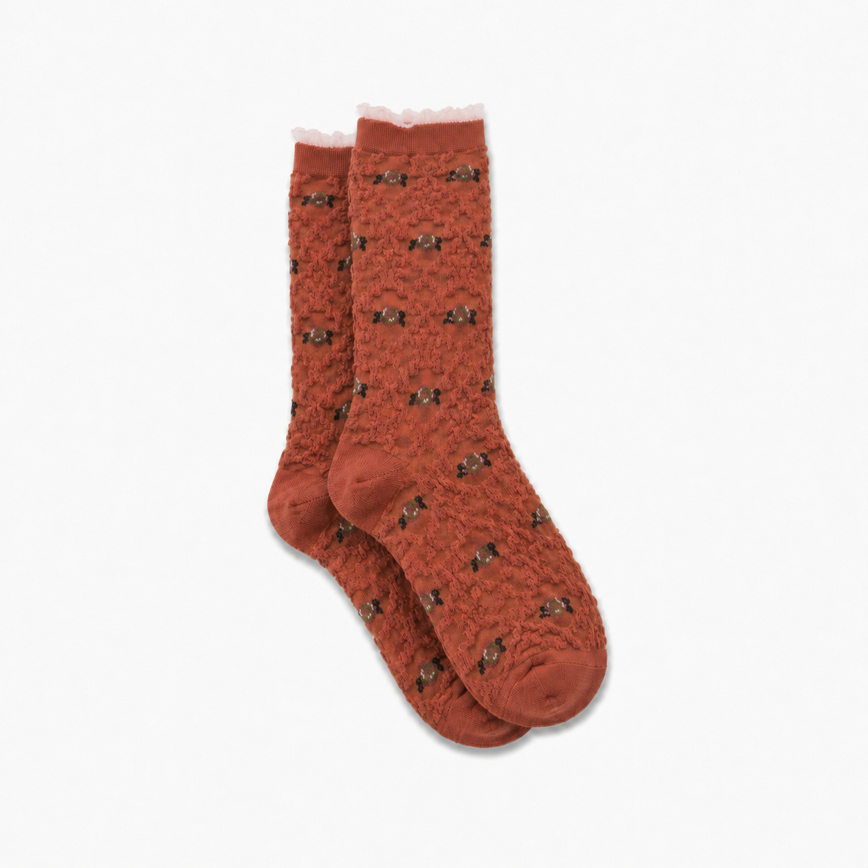 Women's Gathered Embroidered Flower Socks Mint Green with Purple Flower and Stem