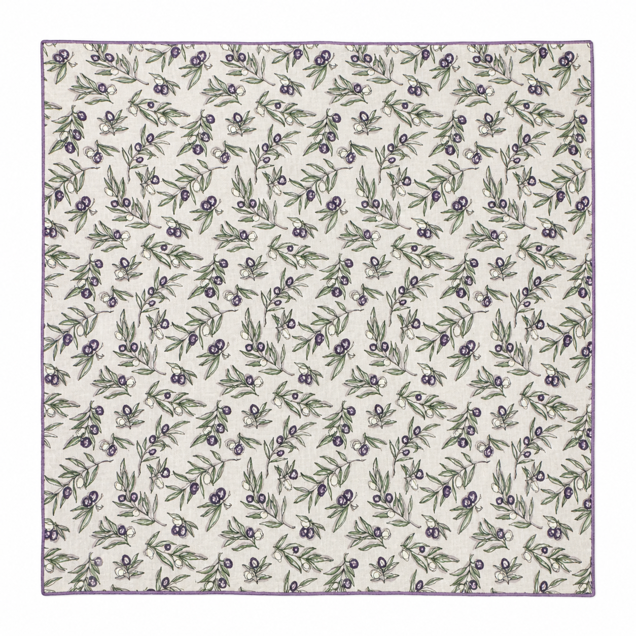 Pañuelo Algodón Fondo Blanco Olivas Moradas Borde Morado
