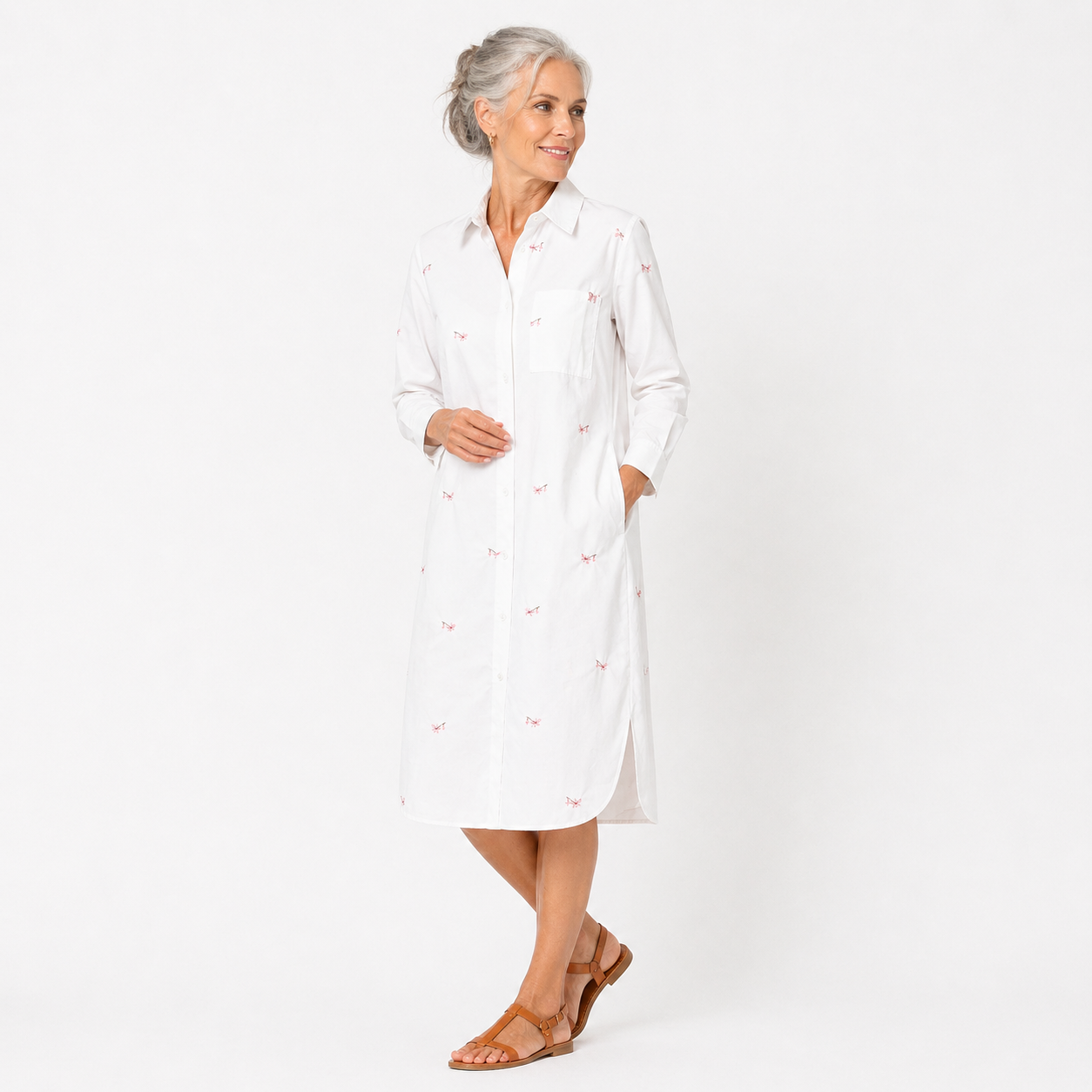 Vestido Camisero Blanco con Flores Rosas