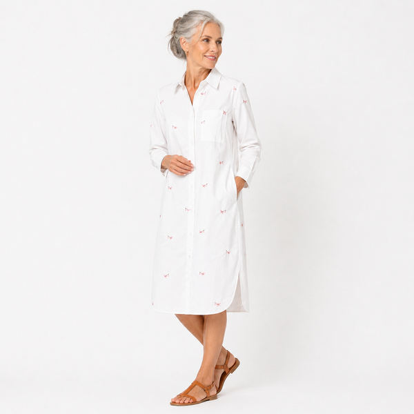 Vestido Camisero Blanco con Flores Rosas