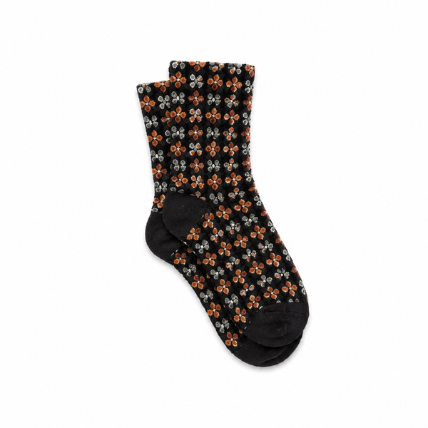 Calcetines Mujer Flores Fruncidas Bordadas Negro