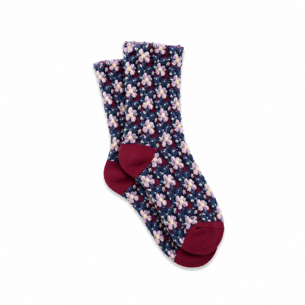 Calcetines Mujer Flores Fruncidas Bordadas Burdeos