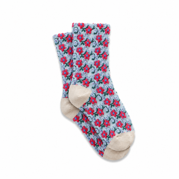 Calcetines Mujer Flores Fruncidas Bordadas Gris Flor Roja Azul