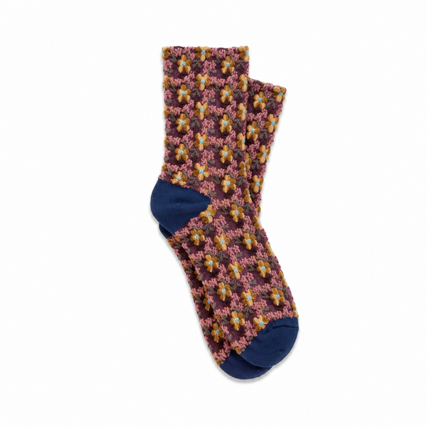 Calcetines Mujer Flores Fruncidas Bordadas Fucsia Naranjas Puntera Azul Marino
