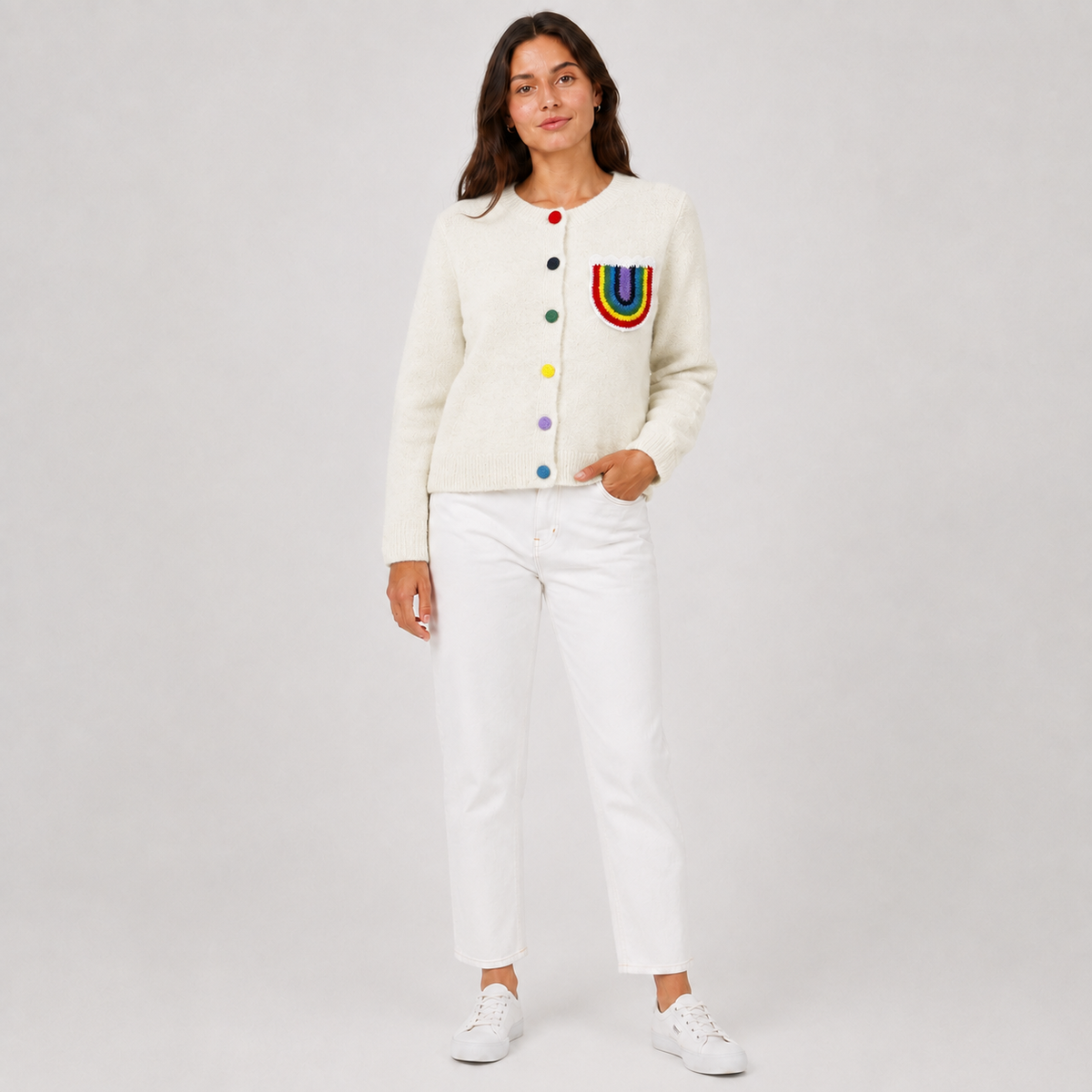 Chaqueta Cardigan Blanco con Bolsillo Arco Iris