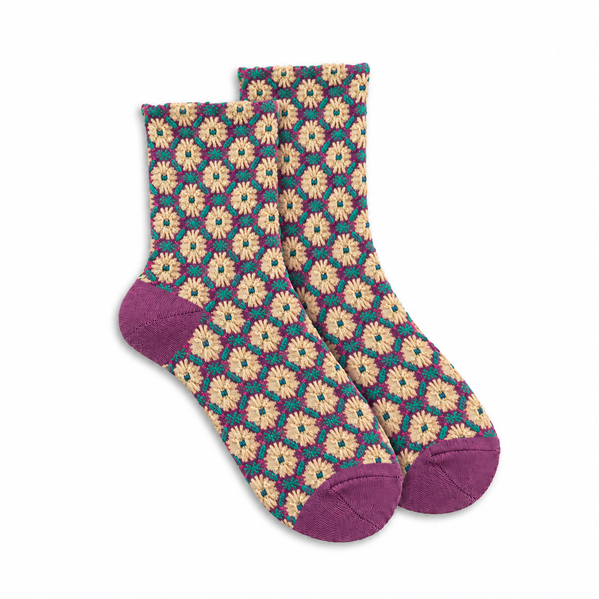 Calcetines Mujer Flores Fruncidas Bordadas con Rombos