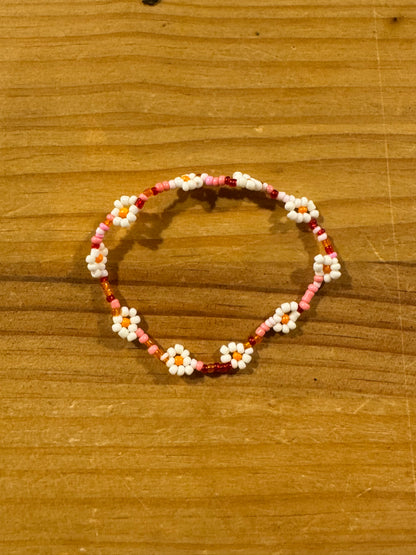 Pulsera Cuentas Bolitas Rosa y Granate con Flores Blanco y Naranja