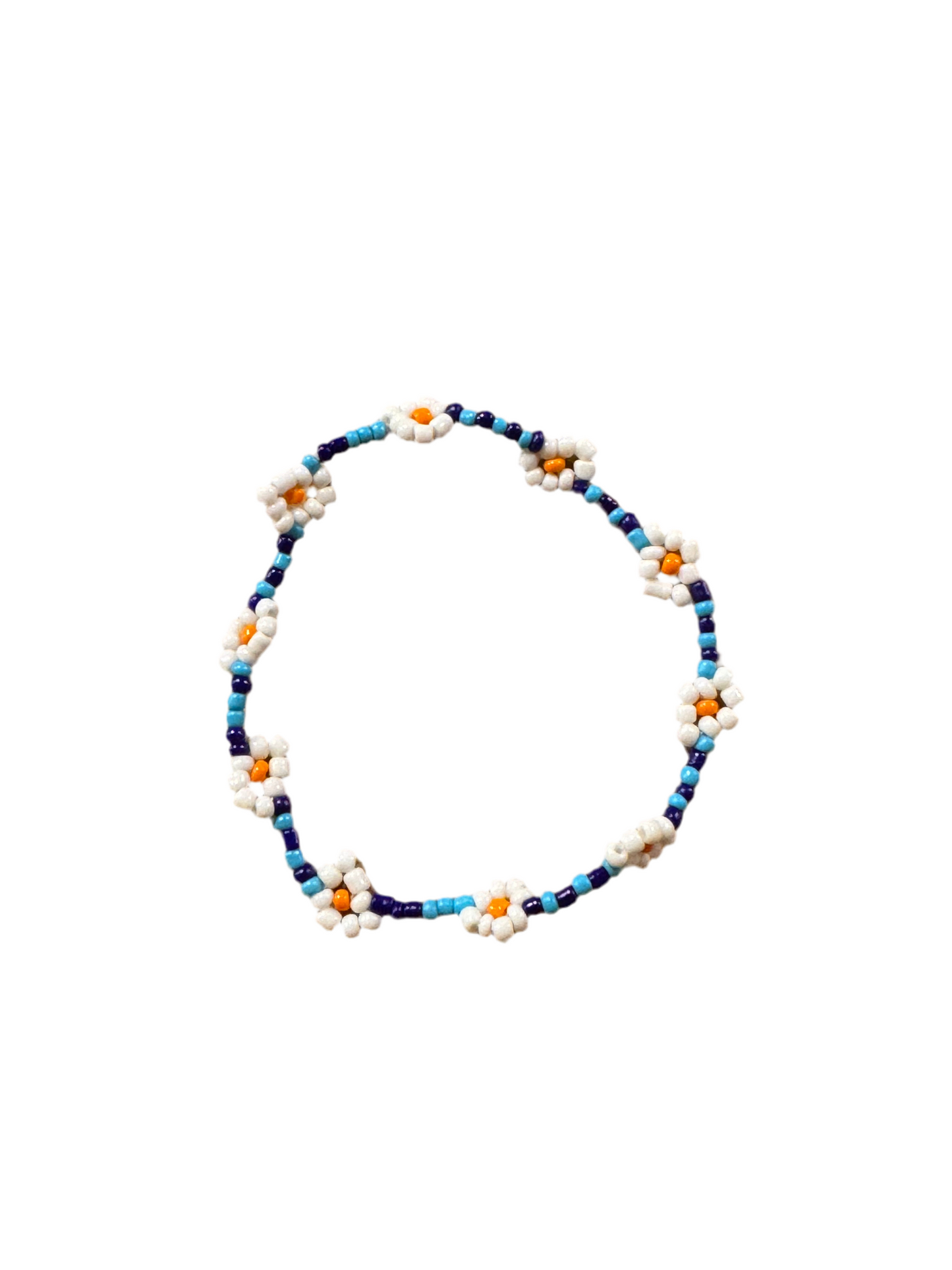 Pulsera Cuentas Bolitas Azul Claro Azul Oscuro con Flor Blanca y Naranja