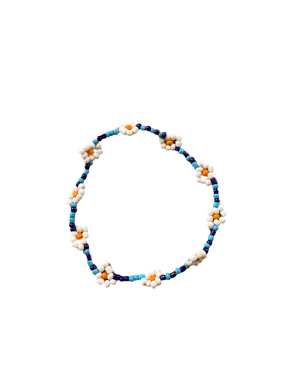 Pulsera Cuentas Bolitas Azul Claro Azul Oscuro con Flor Blanca y Naranja