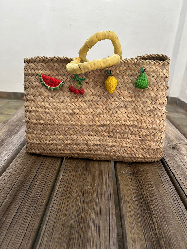 Bolso Capazo con Frutas Mimbre Asa Amarilla