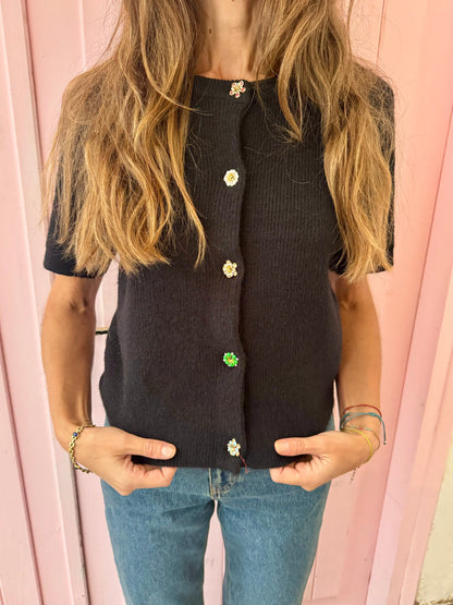 Chaqueta Punto Manga Corta Botón Flores Pedrería Negra