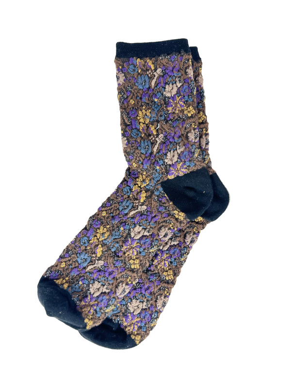 Calcetines Mujer Flores Fruncidas Negro