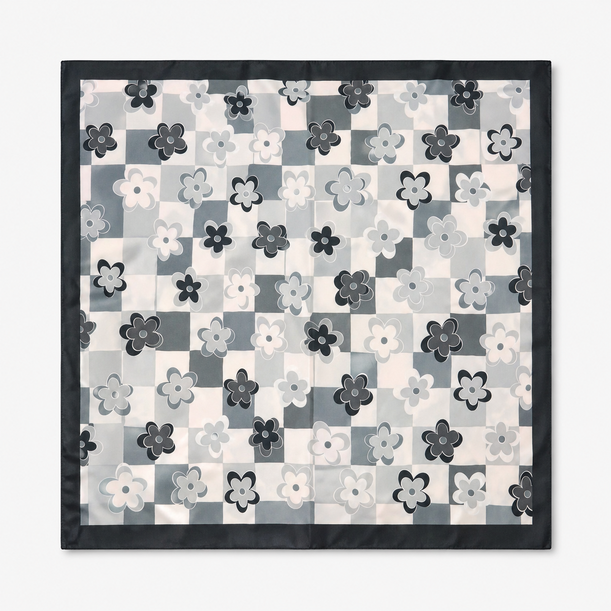 Pañuelo Damero Cuadros Blanco y Negro Flores