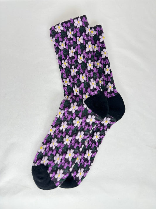 Calcetines Mujer Flores Fruncidas Morado Blanca Puntera Negra