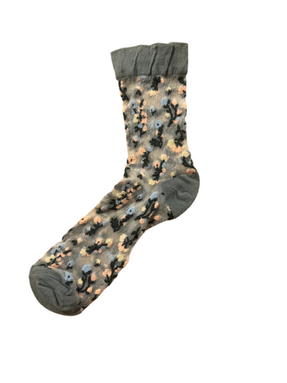 Media Transparente Súper Elástica Gris con Flores