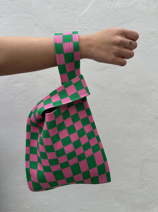 Bolso Japonés Punto Grande Cuadros Damero Verde Fucsia