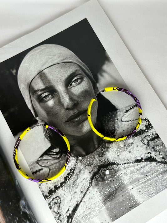 Pendiente Tela Wax Africana Redondo Amarillo Morado Marrón