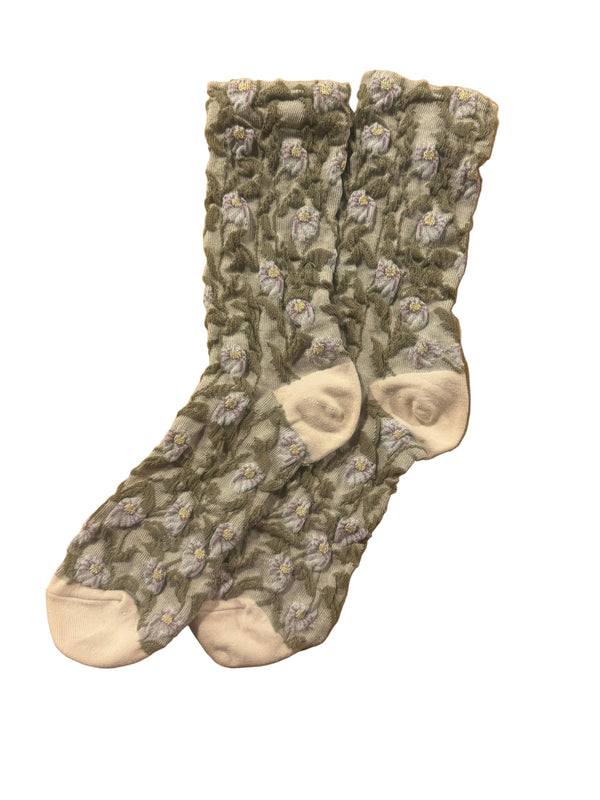 Calcetines Mujer Flores Fruncidas Gris Claro Flores Moradas