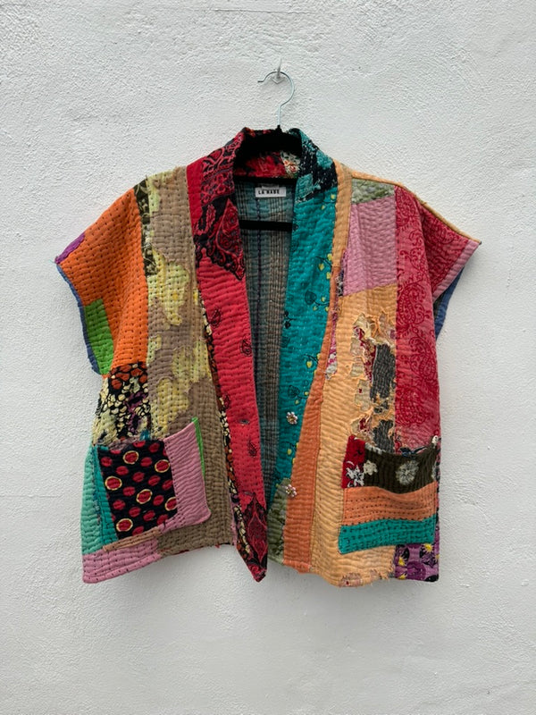 Chaleco Kimono Multicolor Tela Kantha Botones Pedrería