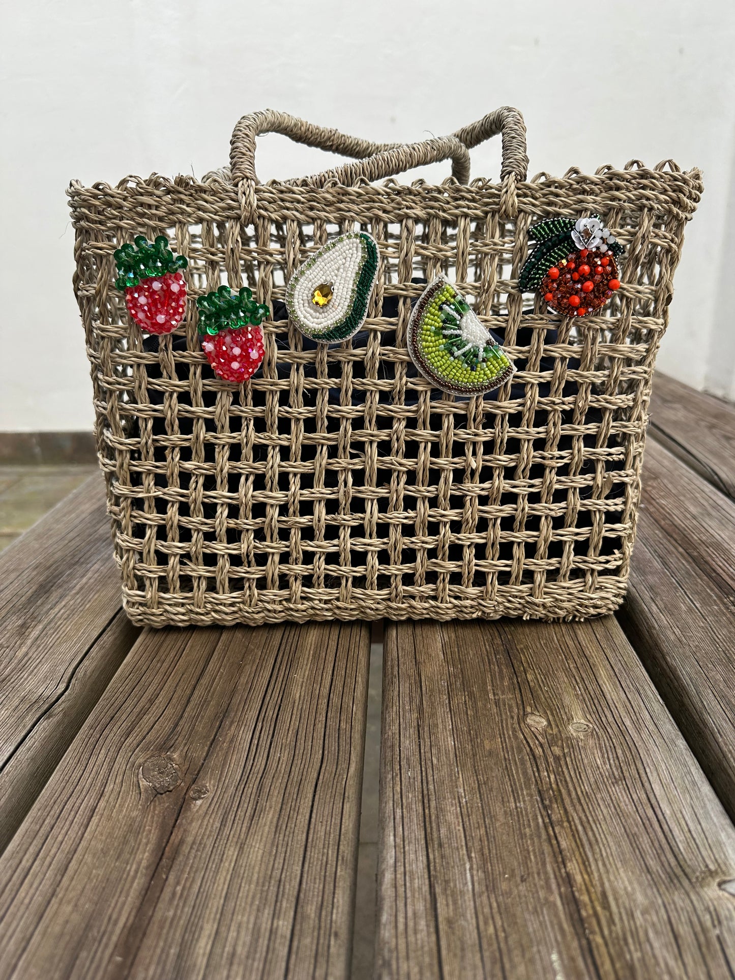 Bolso Capazo Cubo de Mano con Frutas de Predería M Natural Beige