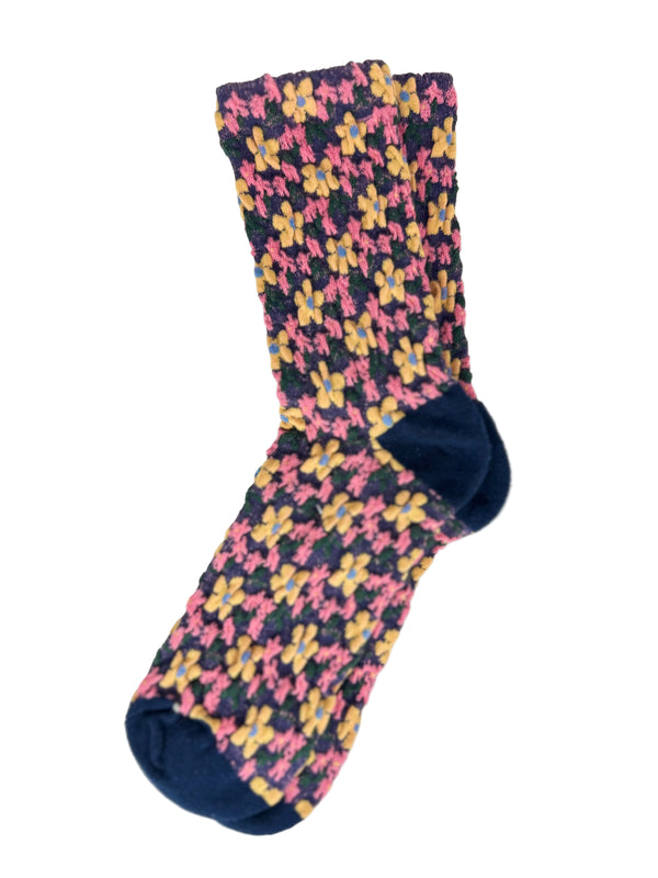 Calcetines Mujer Flores Fruncidas Fucsia Naranjas Puntera Azul Marino