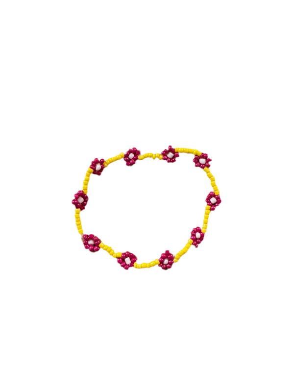 Pulsera Cuentas Bolitas Amarillas con Flores Fucsia Morada y Blanco