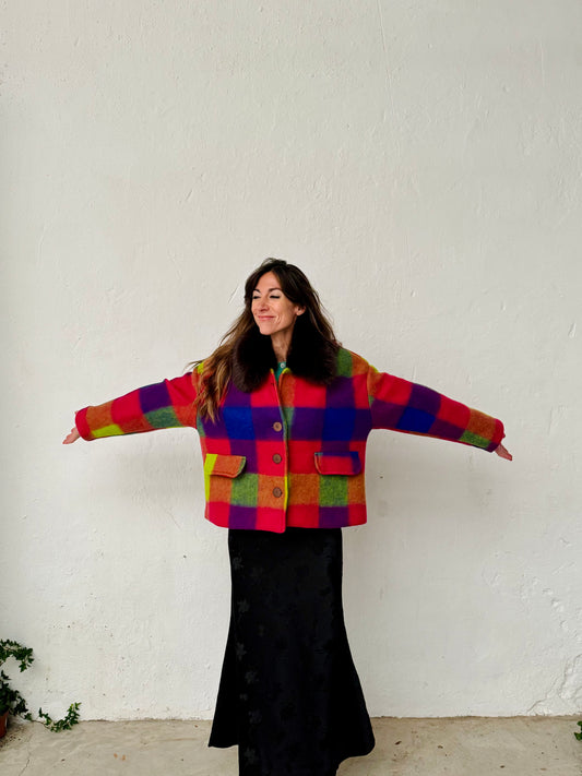 Chaqueta Chaquetón Abrigo Corto Cuadros I con Pelo