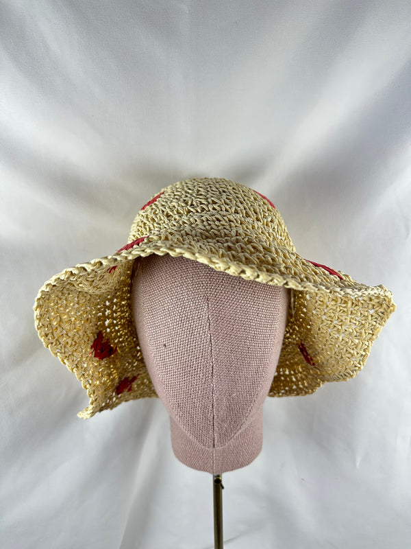 Sombrero Yute Claro Corazón Corazones Rojos