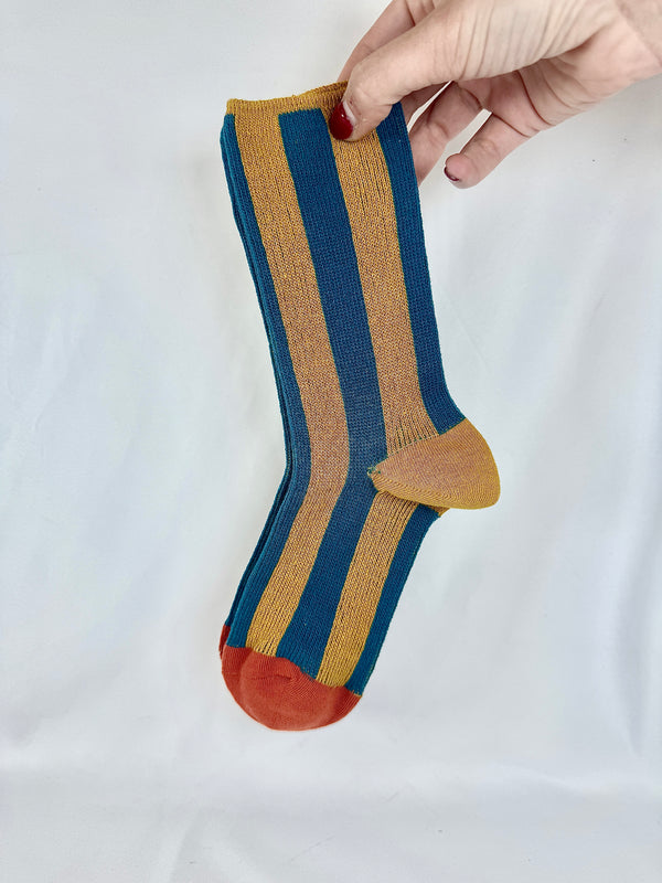 Calcetines Mujer Rayas Azul y Mostaza Puntera Naranja