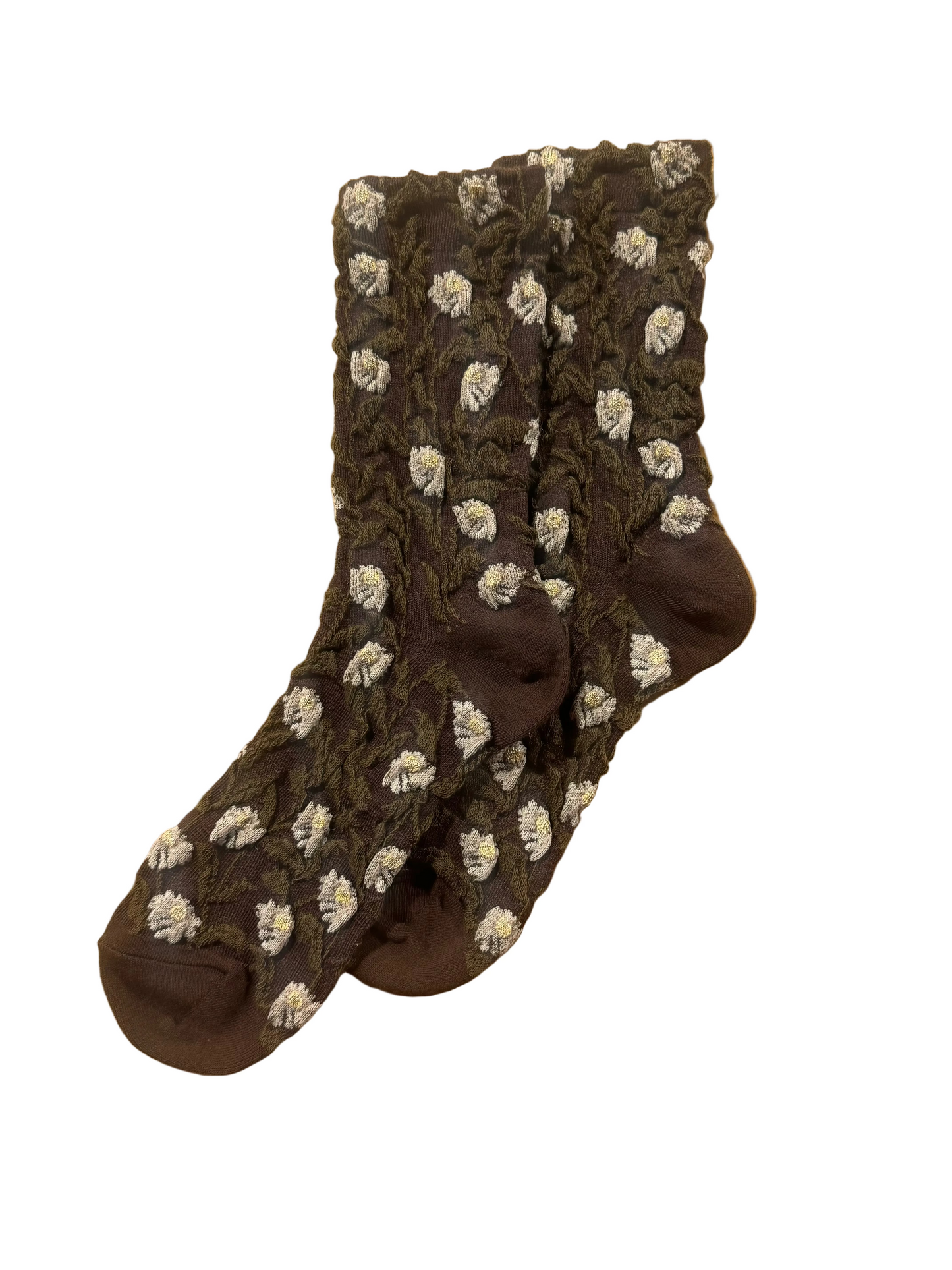 Calcetines Mujer Flores Fruncidas Marrón Flores Gris