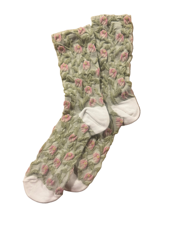 Calcetines Mujer Flores Fruncidas Verde Claro Flores Rosas