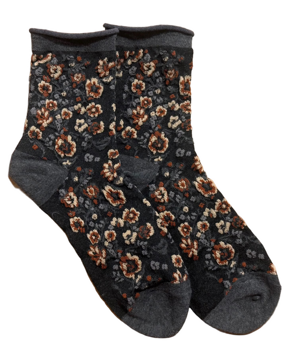 Calcetines Mujer Flores Fruncidas Gris