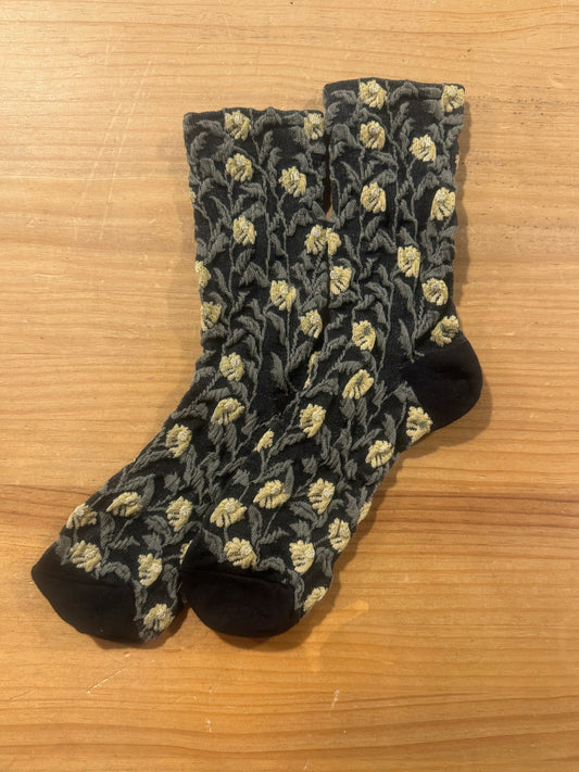 Calcetines Mujer Flores Fruncidas Negro Flores Amarillas