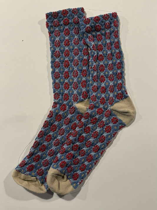 Calcetines Mujer Flores Fruncidas Azul Flor Roja Azul
