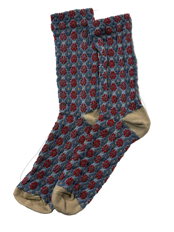 Calcetines Mujer Flores Fruncidas Azul Flor Roja Azul